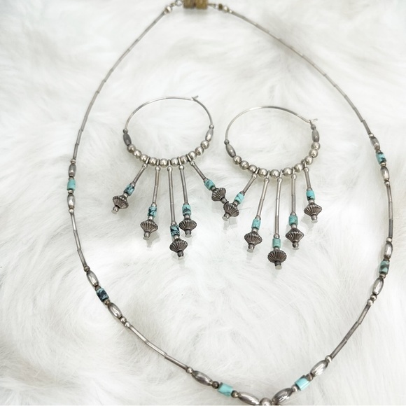 Old Pawn Sterling Silver Necklace/Earring Set Turquoise Heishi Beaded Dangles - Picture 4 of 10